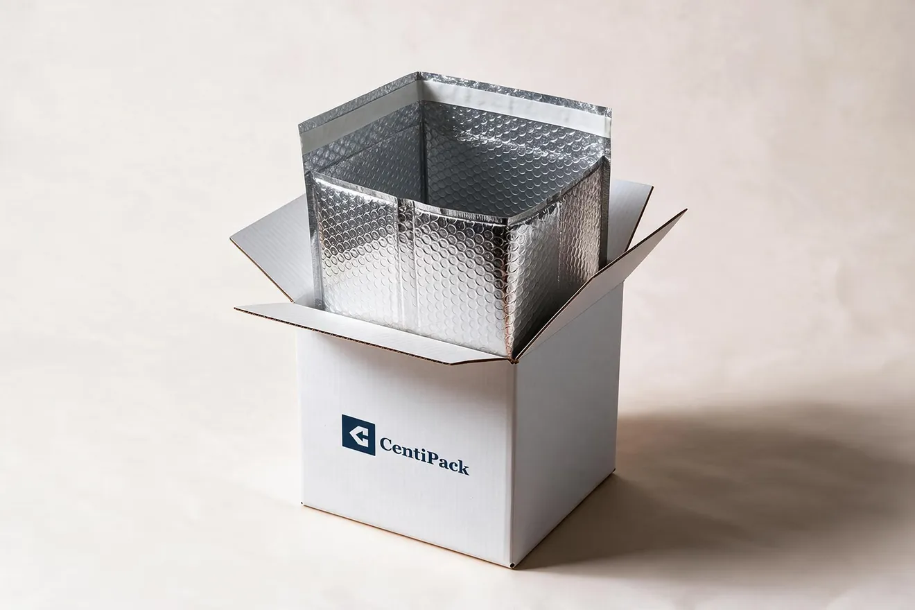 A silver metallised bubble liner fitted inside an open white CentiPack carton, its top panel folded back.