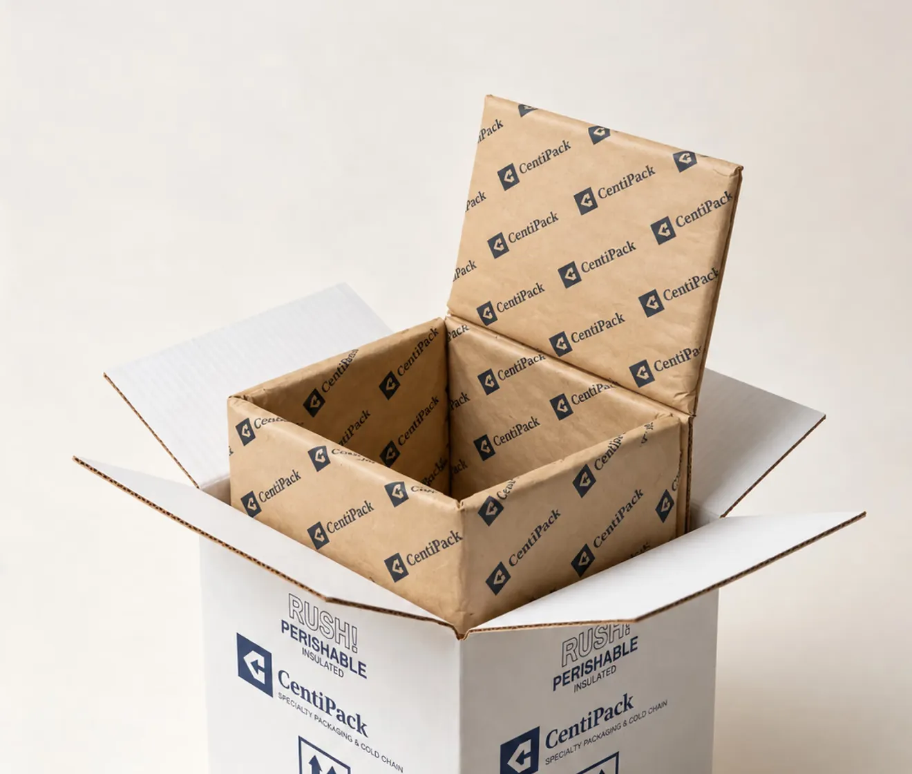 A kraft paper liner printed all over with the CentiPack logo, fitted inside an open white carton marked RUSH, PERISHABLE and INSULATED, with the liner's top panel folded back.