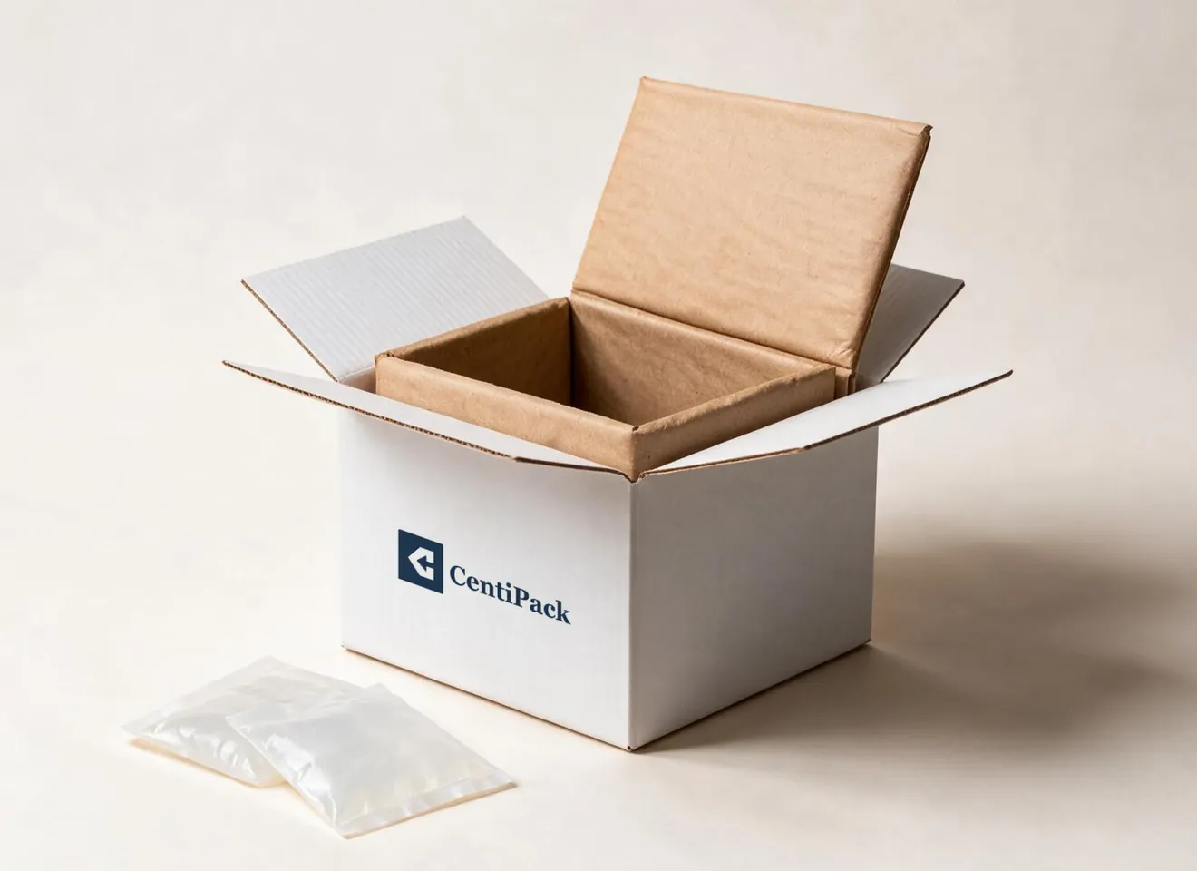 An open white CentiPack carton with a kraft paper liner fitted inside and its top panel folded back, two gel packs lying in front of it.